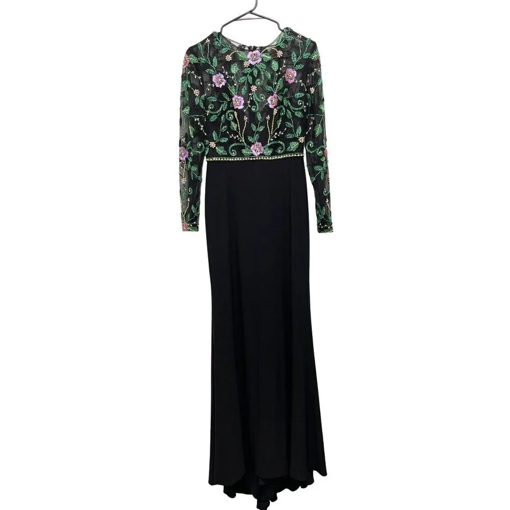 Mac Duggal Black Beaded Illusion Jersey Formal Gown Maxi Dress Sz 4 NWT